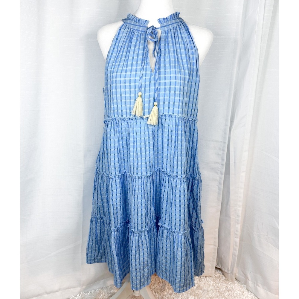 THML Dress Small Blue Gingham Plaid Tiered Tassel Tie Neck Sleeveless Boho NWOT